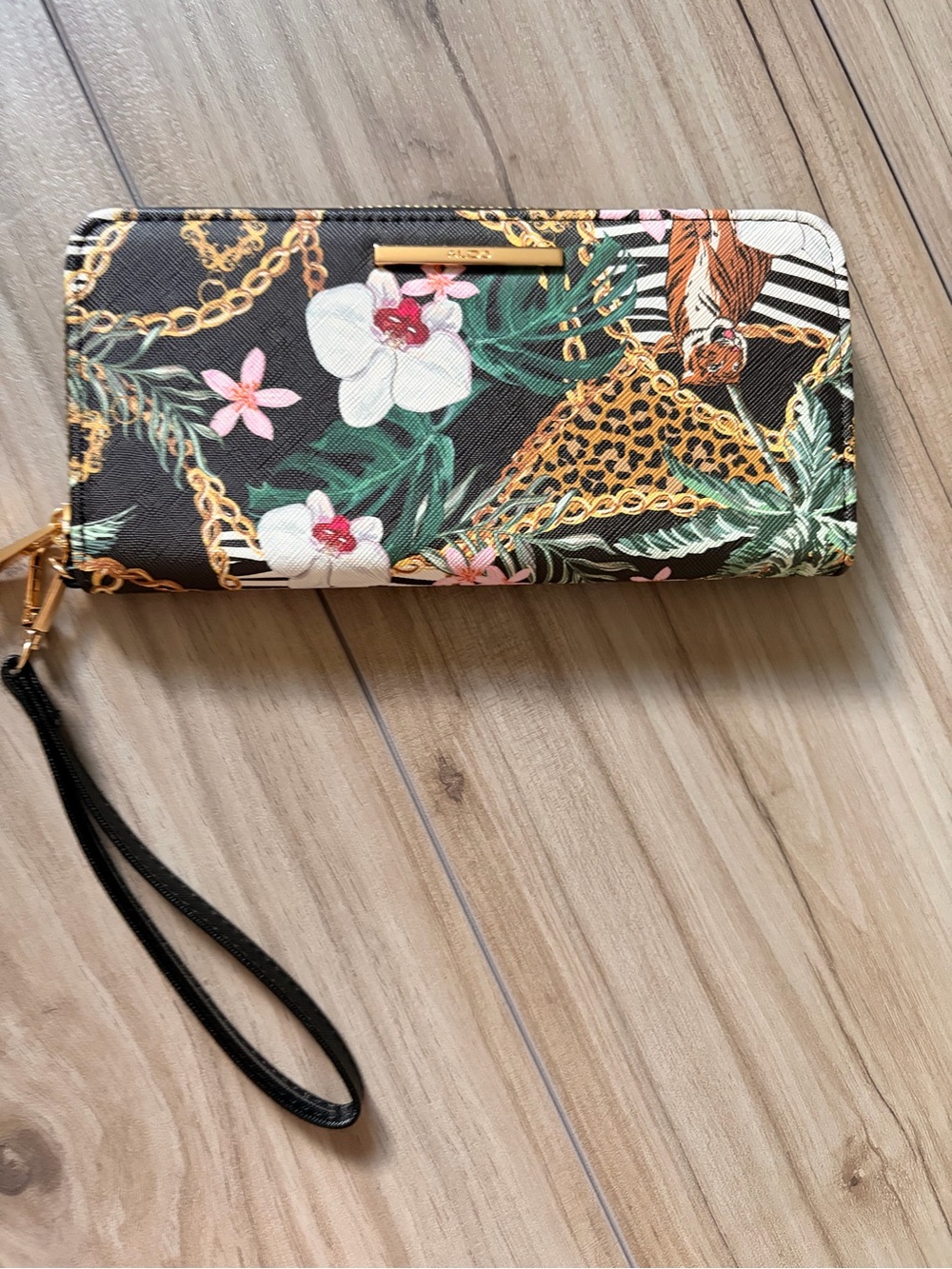 ALDO Tropical Floral Leopard Chain Print Zip Around Wallet Wristlet